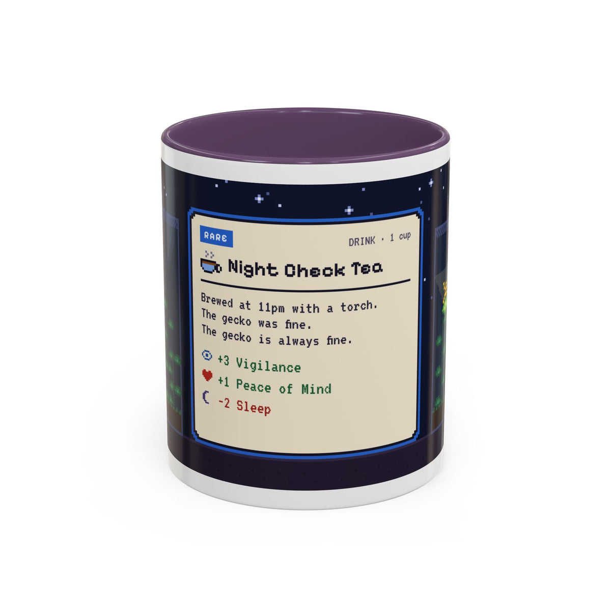 Night Check Tea pixel art mug, 11oz ceramic with coloured handle – view 4