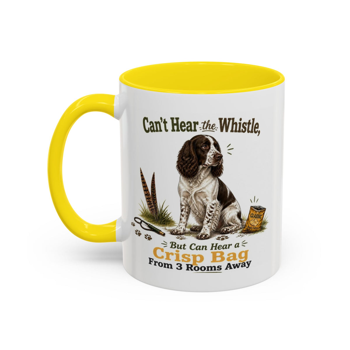 Funny Liver and White Springer Spaniel Mug - Can't Hear the Whistle But Can Hear a Crisp Bag, Working Gun Dog Gift, Greedy Dog Mug, 11oz