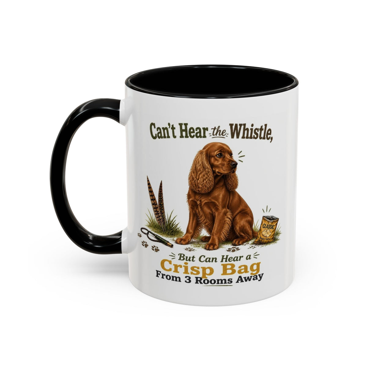 Funny Red Cocker Spaniel Mug - Can't Hear the Whistle But Can Hear a Crisp Bag, Working Gun Dog Gift, Greedy Dog Mug, 11oz