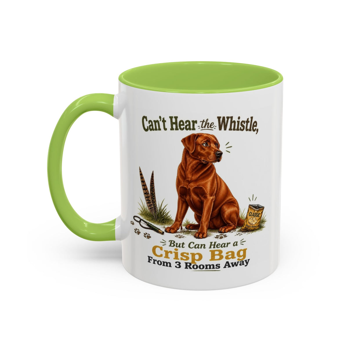 Funny Fox Red Labrador Mug - Can't Hear the Whistle But Can Hear a Crisp Bag, Working Gun Dog Gift, Greedy Dog Mug, 11oz
