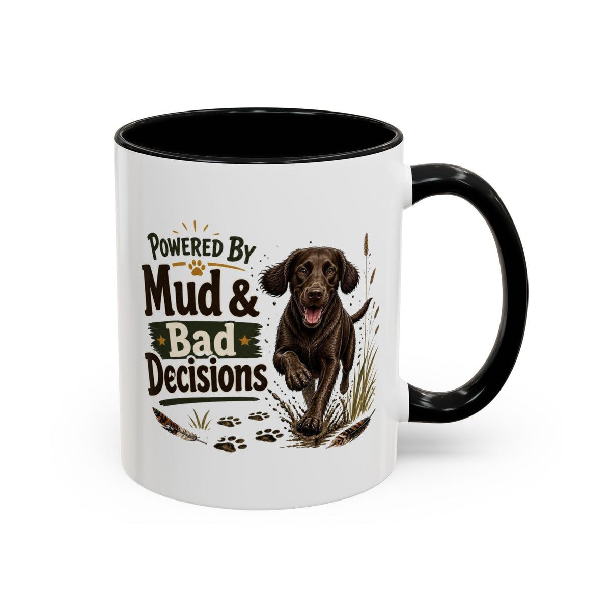 Funny Chocolate Cocker Spaniel Mug - Powered By Mud & Bad Decisions, Muddy Dog Owner Gift, Gundog Lover Coffee Mug, 11oz