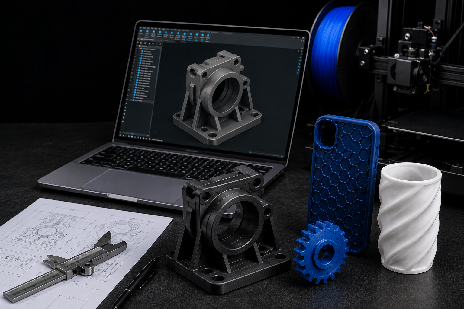 A 3D-printed metal mechanical part displayed alongside a laptop showing the CAD design, a blue 3D-printed phone case, a blue gear, and a white spiral 3D-printed cup on a dark tabletop.