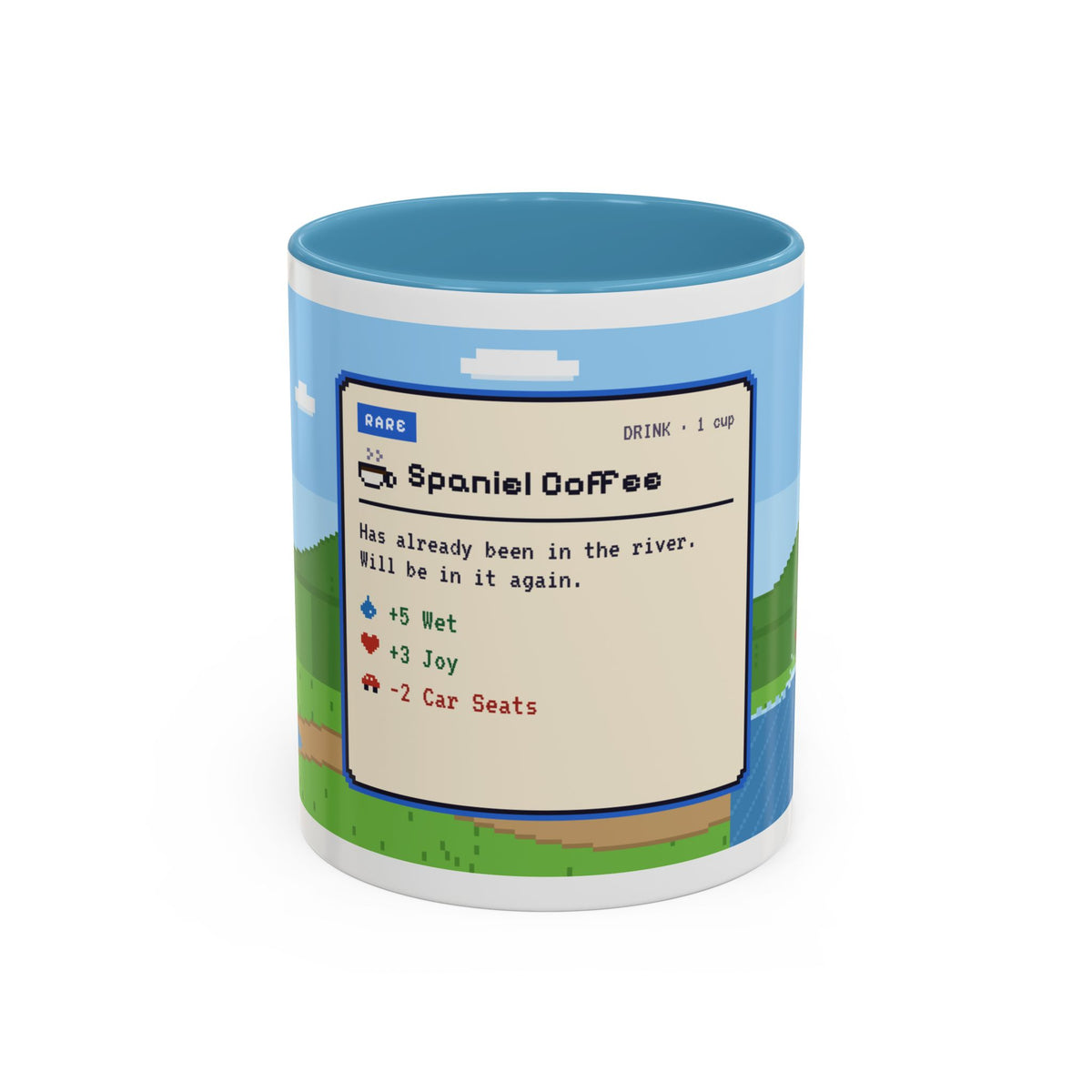 Spaniel Coffee pixel art mug with spaniel paddling in water – view 1