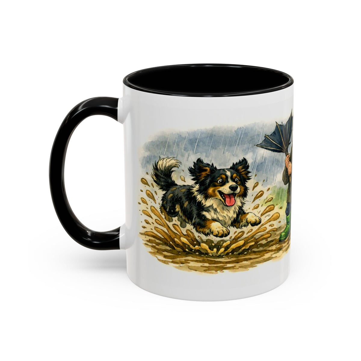 Rainy Walk Tea mug, man with tri-colour dog on a muddy rainy walk – view 6
