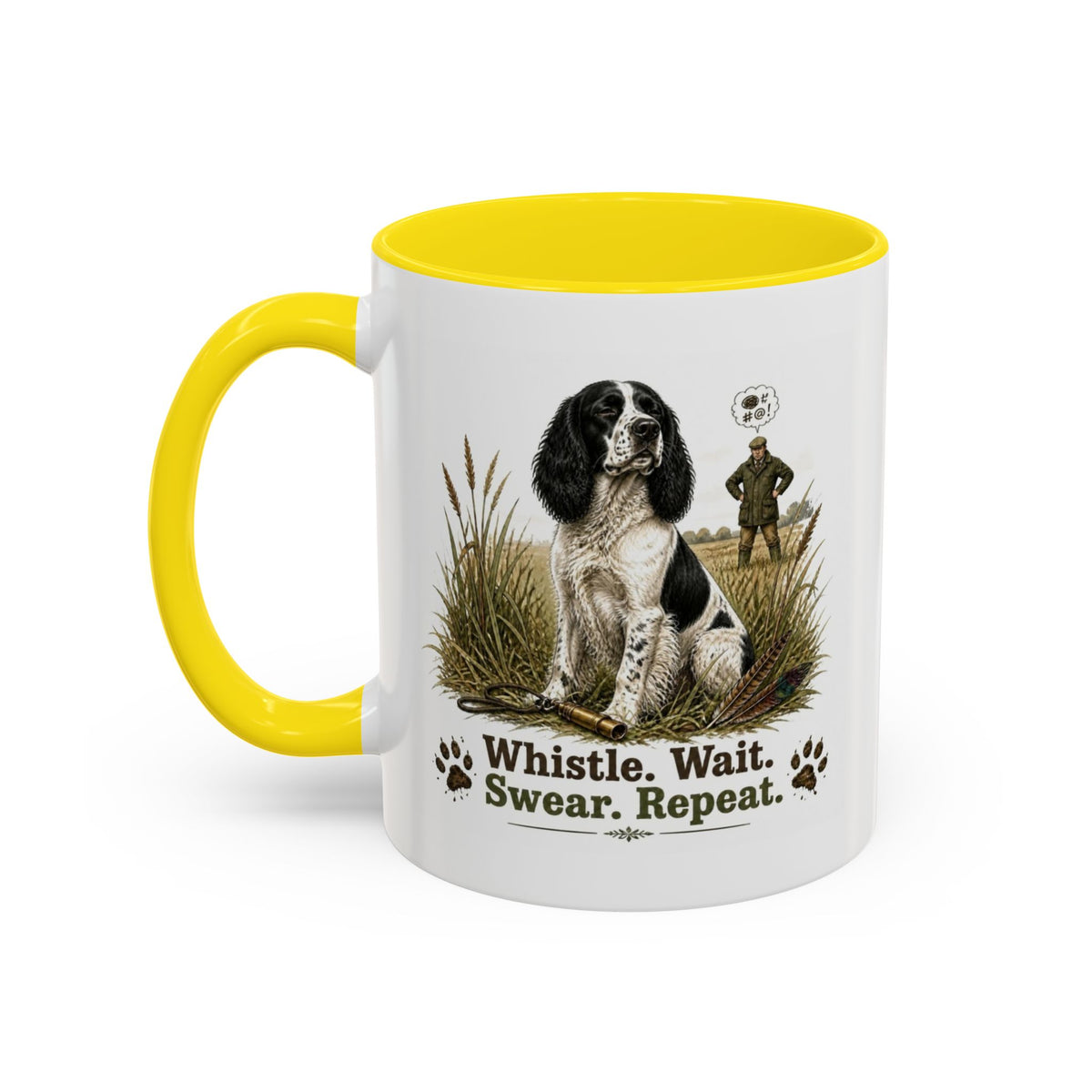 Funny Black and White Springer Spaniel Mug - Whistle. Wait. Swear. Repeat. Working Gun Dog Gift, Dog Training Mug, 11oz