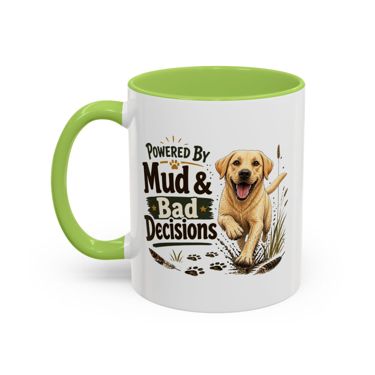 Funny Yellow Labrador Mug - Powered By Mud & Bad Decisions, Muddy Dog Owner Gift, Gundog Lover Coffee Mug, 11oz
