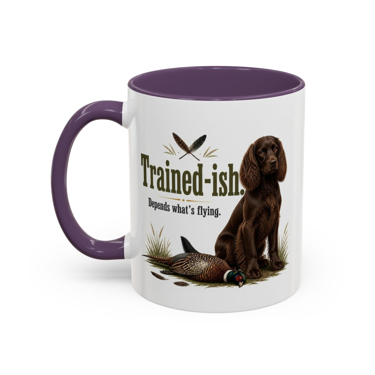 Funny Chocolate Cocker Spaniel Mug - Trained-ish Depends What's Flying, Working Gun Dog Gift, Pheasant Shooting Mug, 11oz
