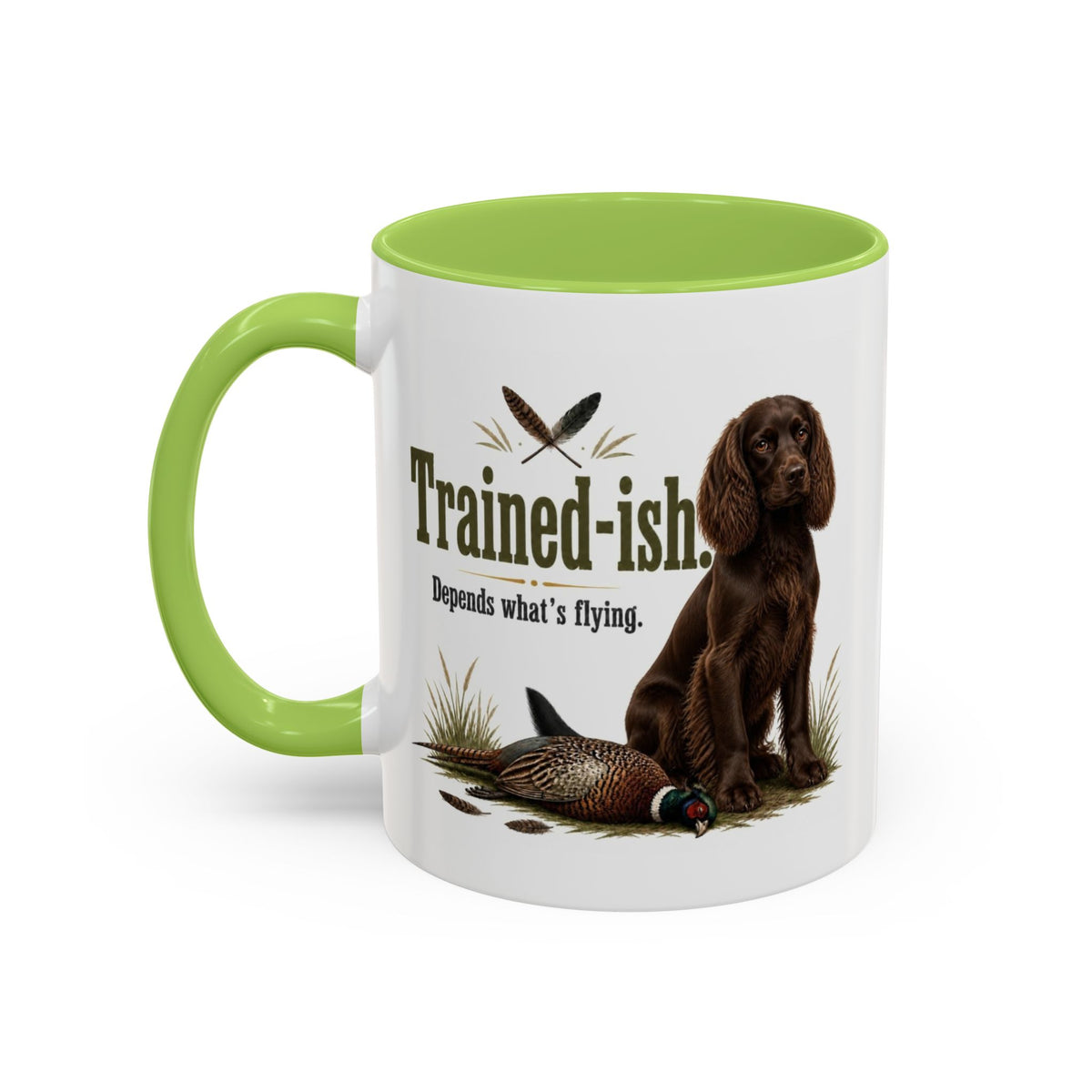 Funny Chocolate Cocker Spaniel Mug - Trained-ish Depends What's Flying, Working Gun Dog Gift, Pheasant Shooting Mug, 11oz