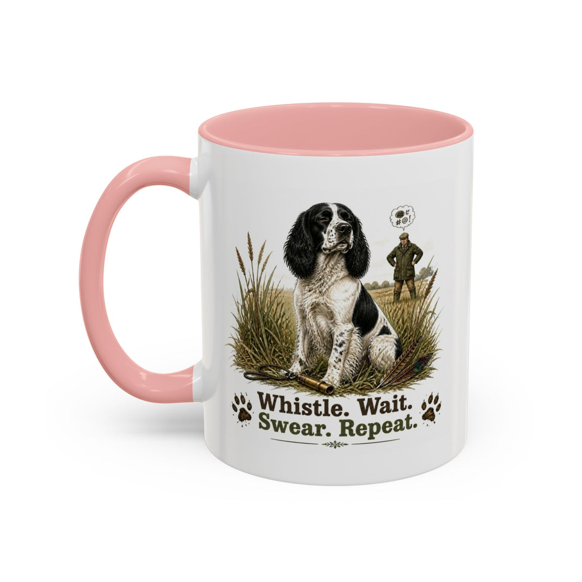 Funny Black and White Springer Spaniel Mug - Whistle. Wait. Swear. Repeat. Working Gun Dog Gift, Dog Training Mug, 11oz