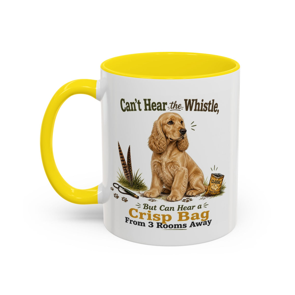 Funny Golden Cocker Spaniel Mug - Can't Hear the Whistle But Can Hear a Crisp Bag, Working Gun Dog Gift, Greedy Dog Mug, 11oz