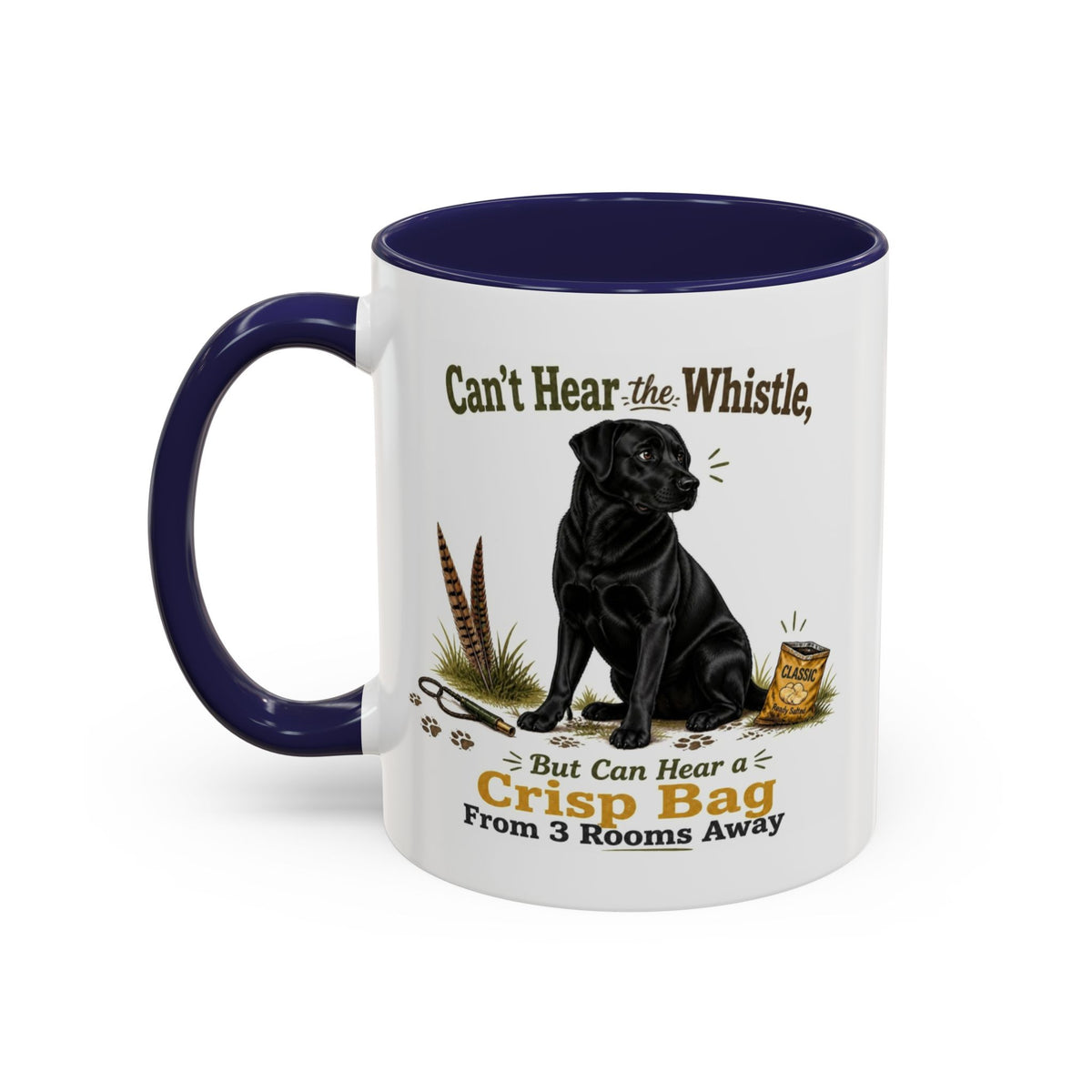 Funny Black Labrador Mug - Can't Hear the Whistle But Can Hear a Crisp Bag, Working Gun Dog Gift, Greedy Dog Mug, 11oz