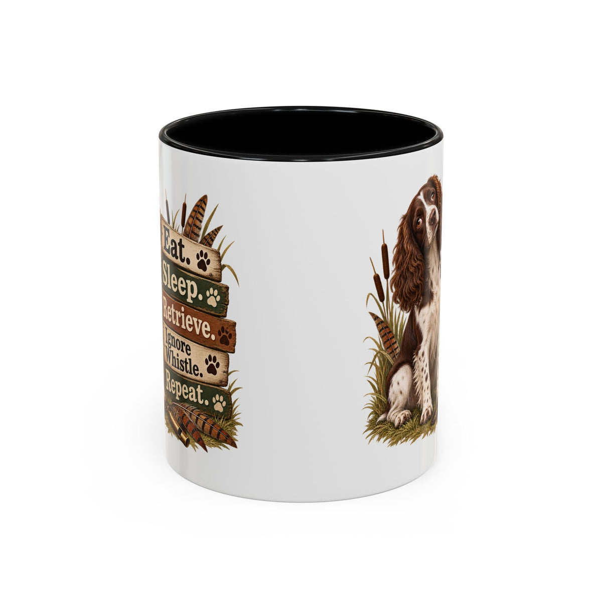 Funny Liver and White Springer Spaniel Mug - Eat Sleep Retrieve Ignore Whistle Repeat, Gundog Gift, Shooting Dog Mug, 11oz