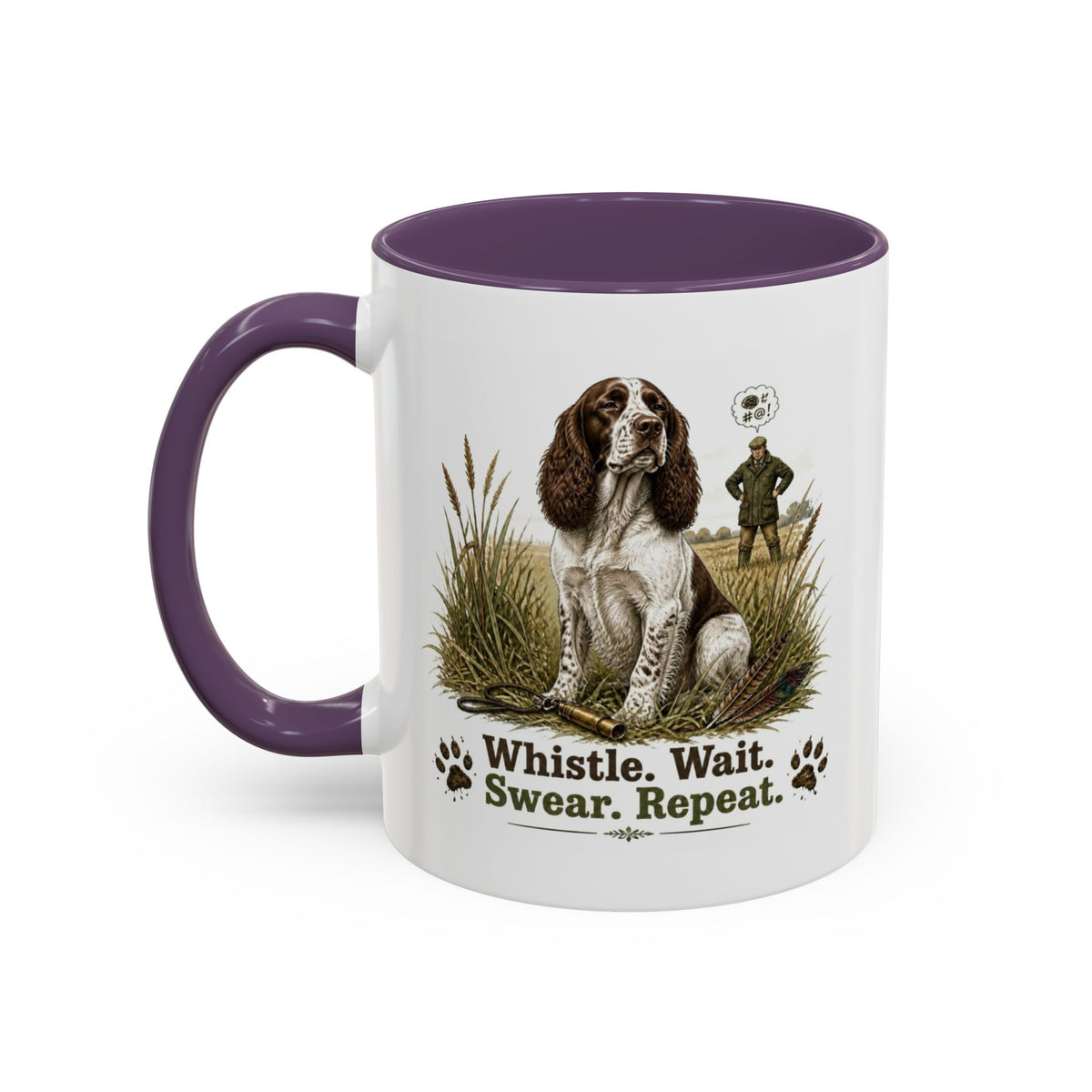 Funny Liver and White Springer Spaniel Mug - Whistle. Wait. Swear. Repeat. Working Gun Dog Gift, Dog Training Mug, 11oz