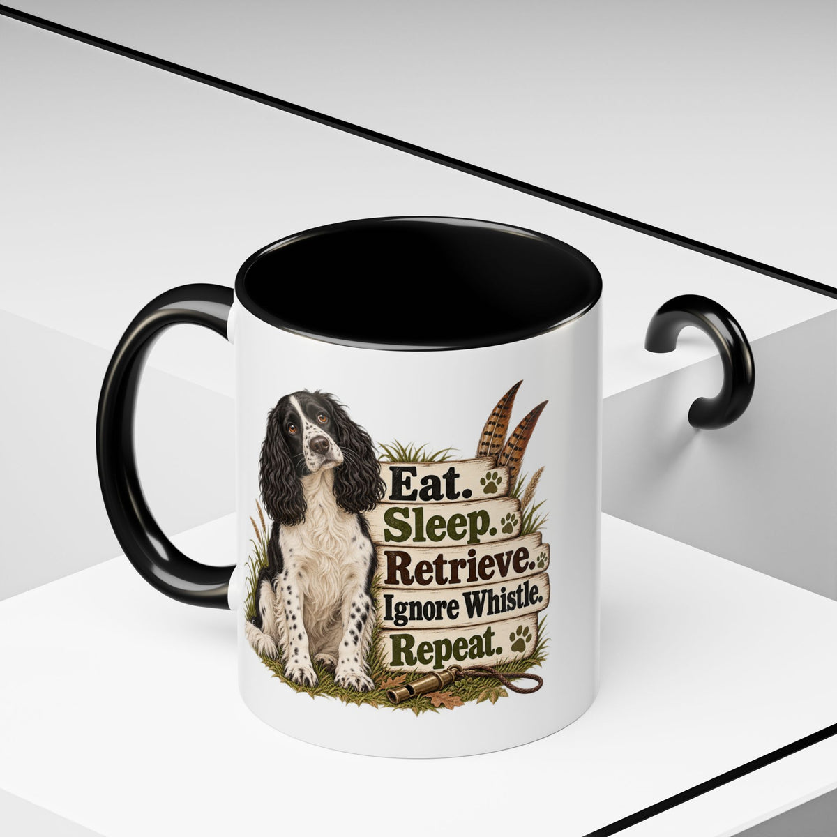 Funny Black and White Springer Spaniel Mug - Eat Sleep Retrieve Ignore Whistle Repeat, Gundog Gift, Shooting Dog Mug, 11oz