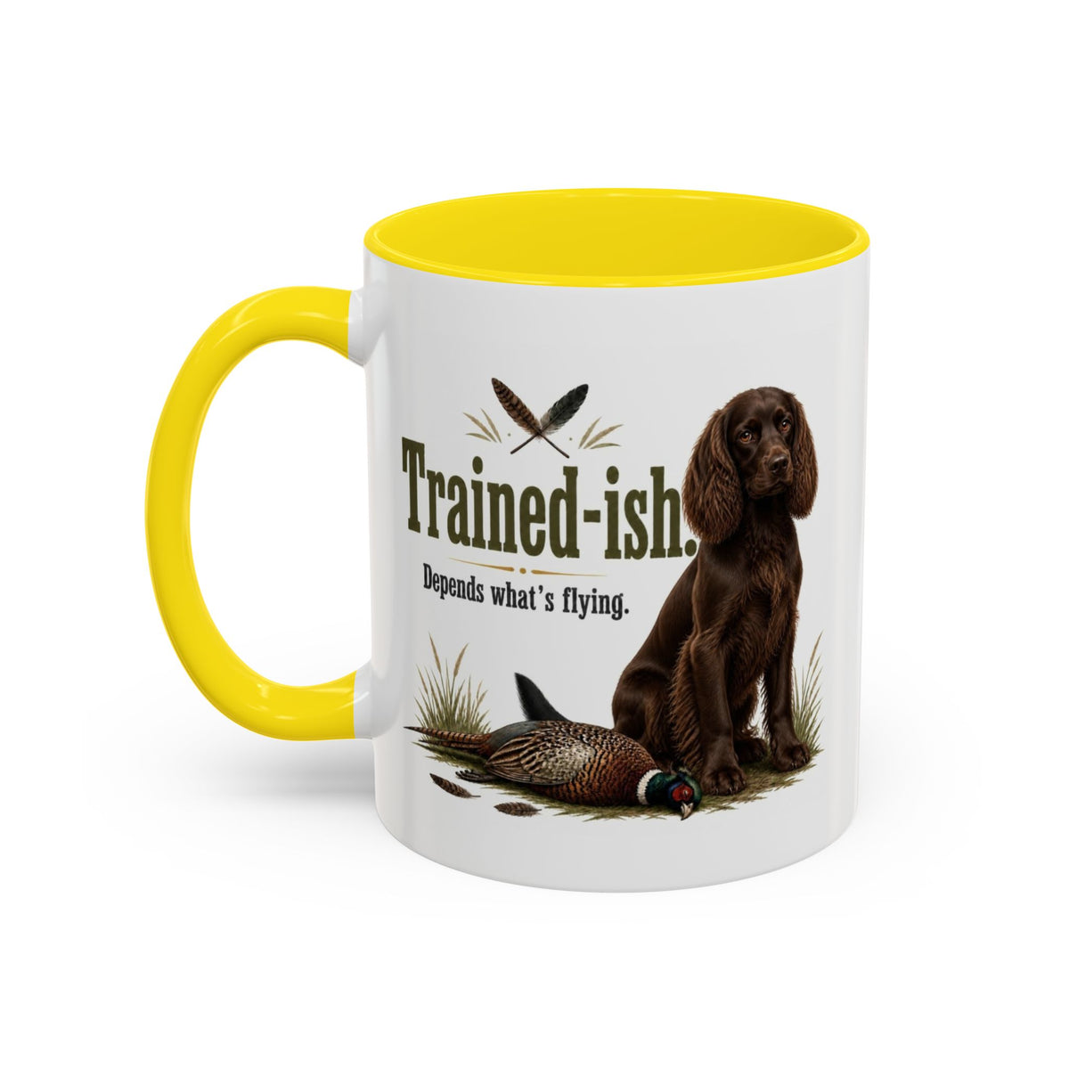 Funny Chocolate Cocker Spaniel Mug - Trained-ish Depends What's Flying, Working Gun Dog Gift, Pheasant Shooting Mug, 11oz