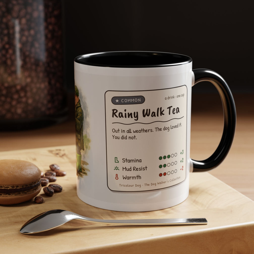 Rainy Walk Tea mug, man with tri-colour dog on a muddy rainy walk – view 8