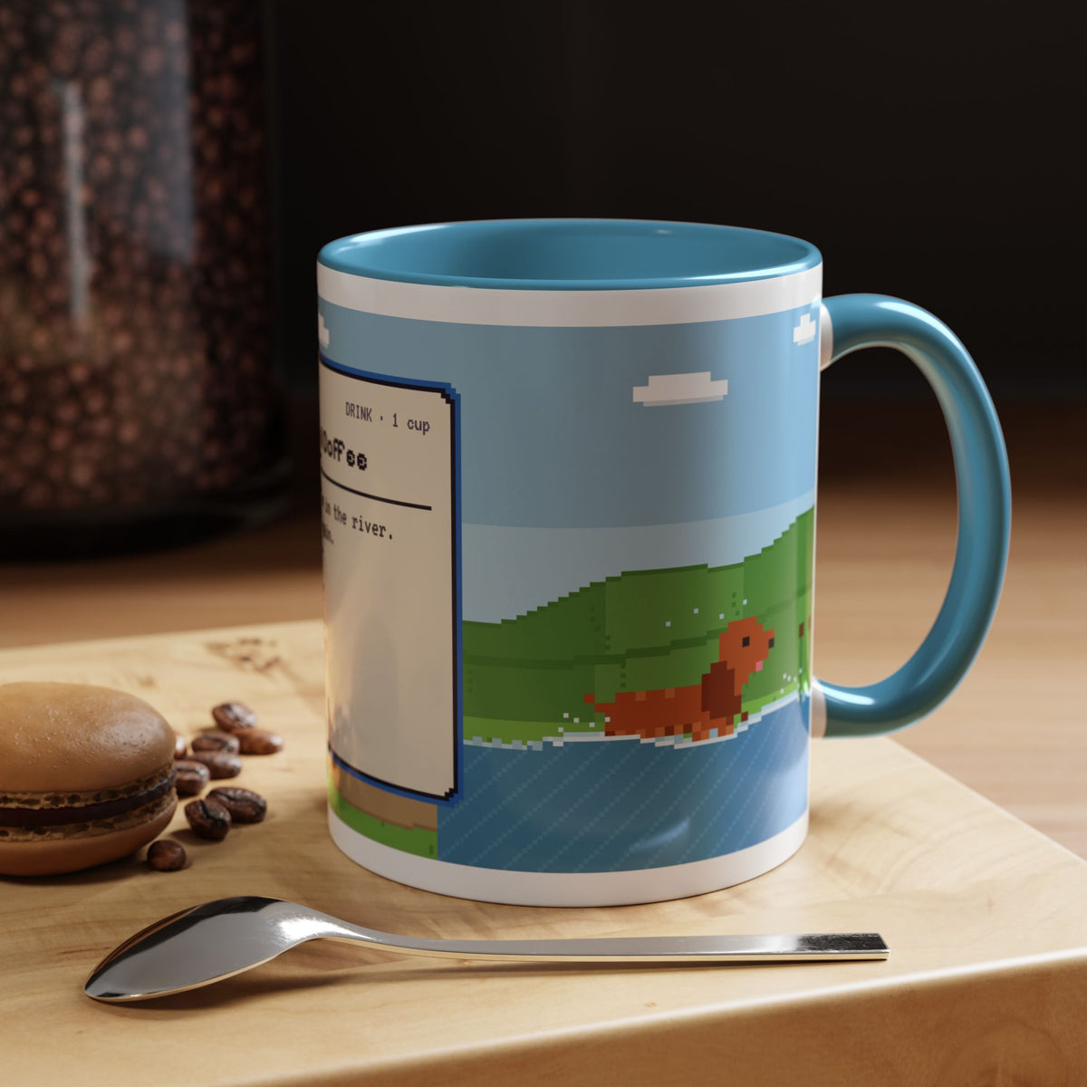 Spaniel Coffee pixel art mug with spaniel paddling in water – view 8