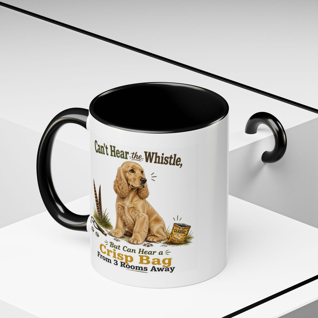 Funny Golden Cocker Spaniel Mug - Can't Hear the Whistle But Can Hear a Crisp Bag, Working Gun Dog Gift, Greedy Dog Mug, 11oz