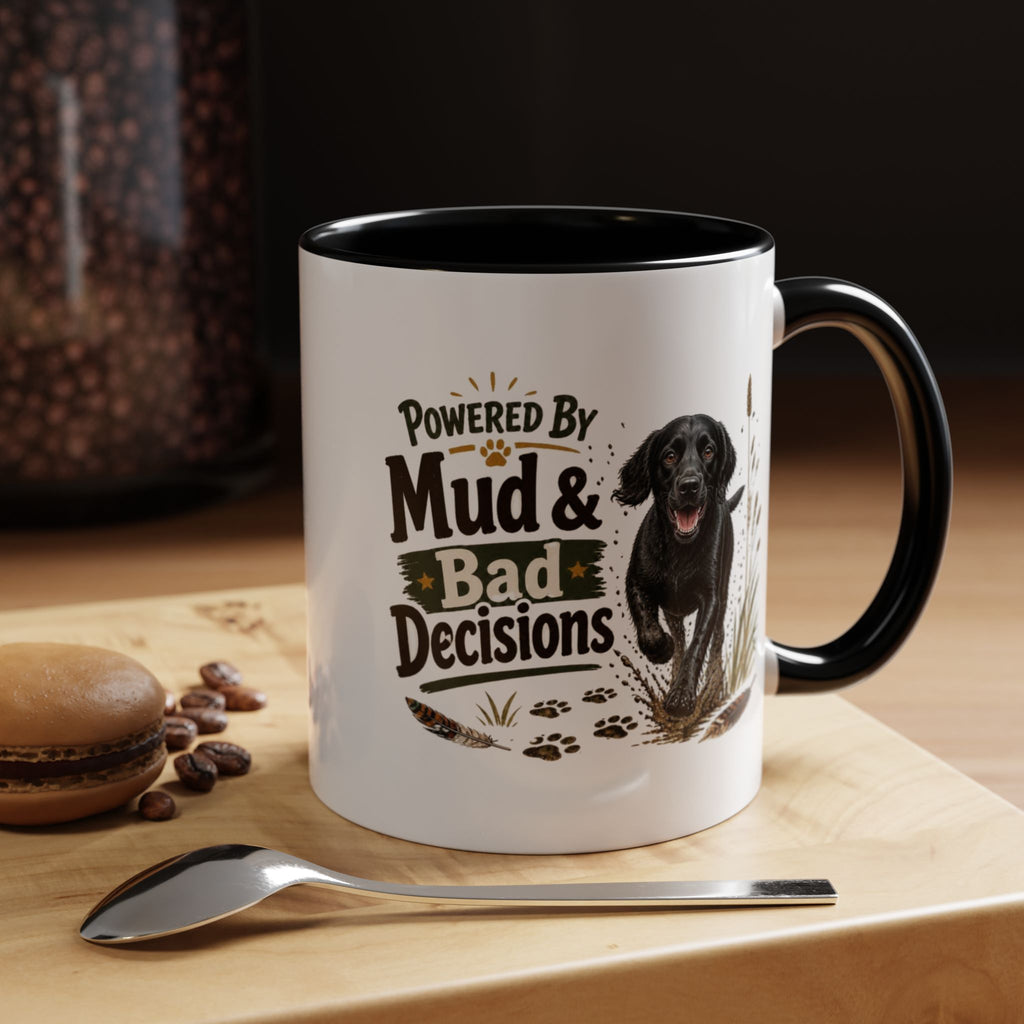 Funny Black Cocker Spaniel Mug - Powered By Mud & Bad Decisions, Muddy Dog Owner Gift, Gundog Lover Coffee Mug, 11oz