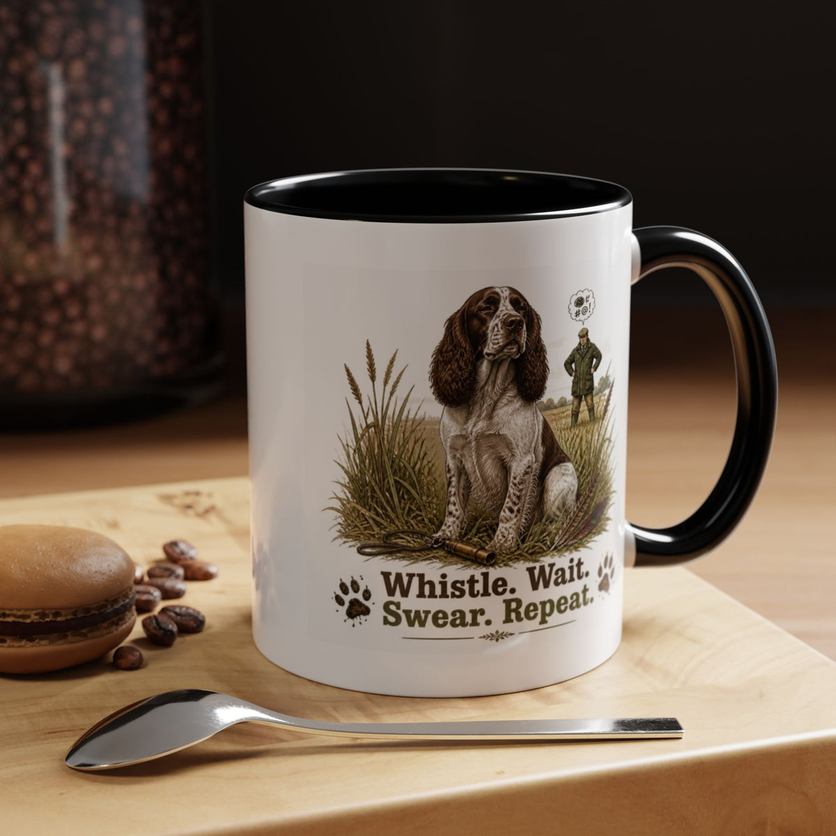 Funny Liver and White Springer Spaniel Mug - Whistle. Wait. Swear. Repeat. Working Gun Dog Gift, Dog Training Mug, 11oz