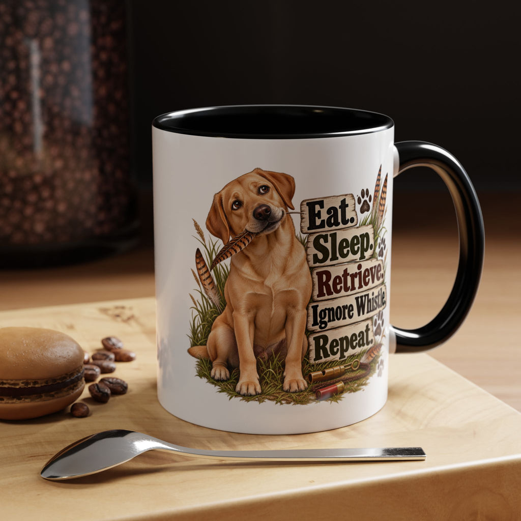 Funny Yellow Labrador Mug - Eat Sleep Retrieve Ignore Whistle Repeat, Gundog Owner Gift, Shooting Dog Lover Coffee Mug, 11oz