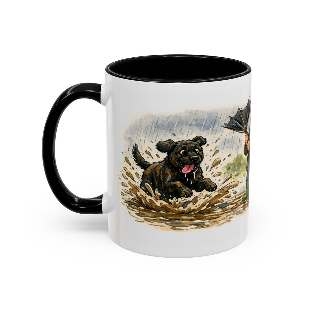 Rainy Walk Tea mug, man with black dog on a muddy rainy walk – view 6