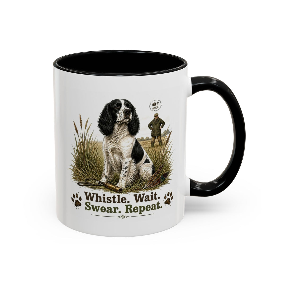 Funny Black and White Springer Spaniel Mug - Whistle. Wait. Swear. Repeat. Working Gun Dog Gift, Dog Training Mug, 11oz