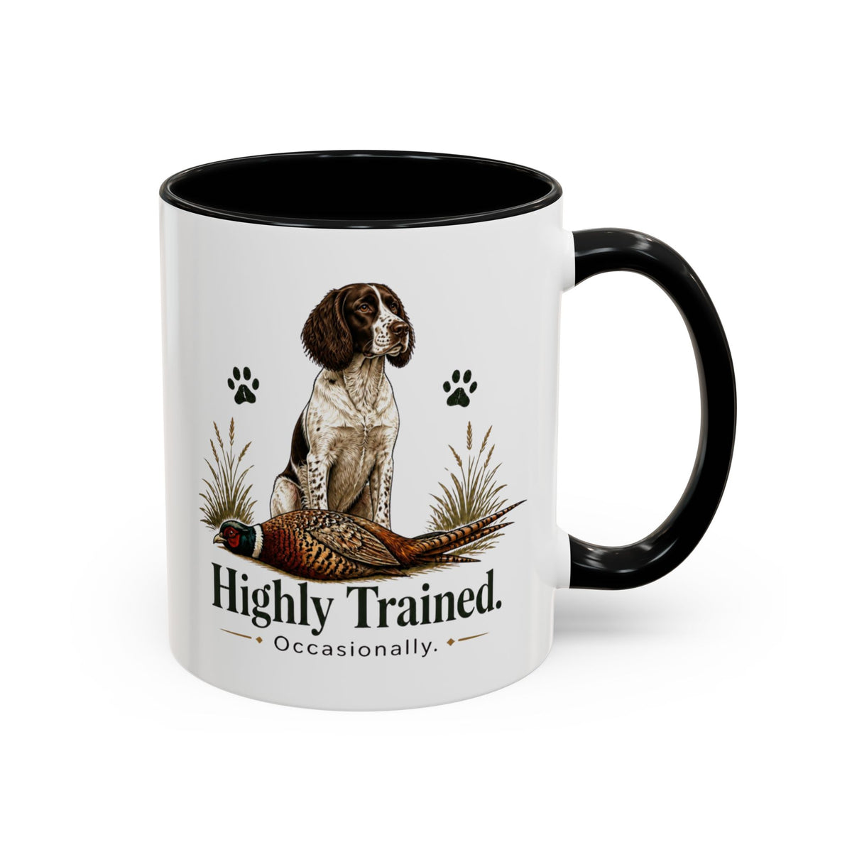 Funny Liver and White Springer Spaniel Mug - Highly Trained Occasionally, Gundog Owner Gift, Shooting Dog Lover Coffee Mug, 11oz
