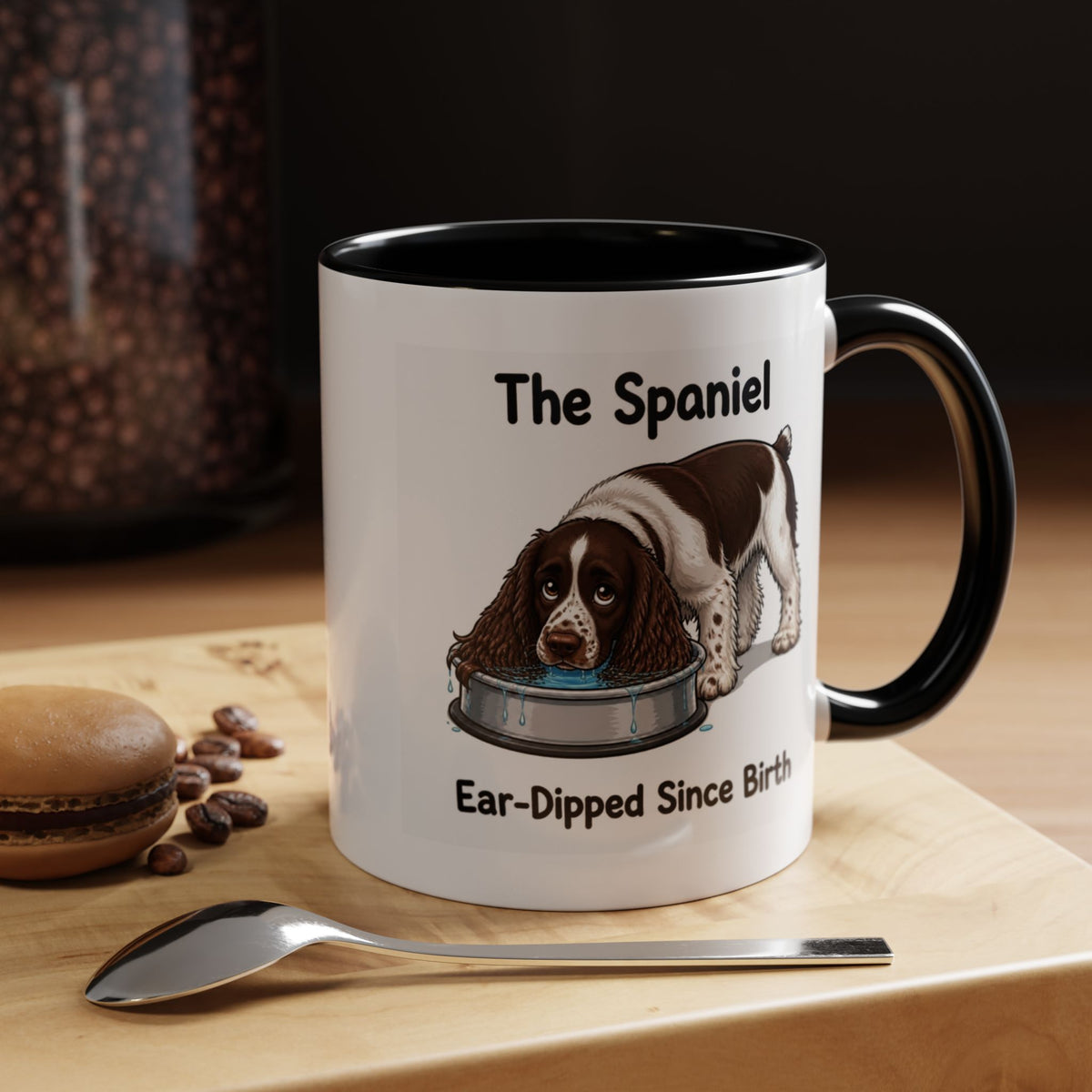 Funny Liver & White Springer Spaniel Mug - The Spaniel, Ear-Dipped Since Birth, Spaniel Owner Gift, Dog Lover Coffee Mug, 11oz