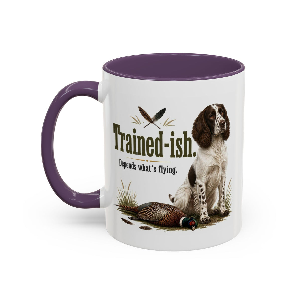 Funny Liver and White Springer Spaniel Mug - Trained-ish Depends What's Flying, Working Gun Dog Gift, Pheasant Shooting Mug, 11oz