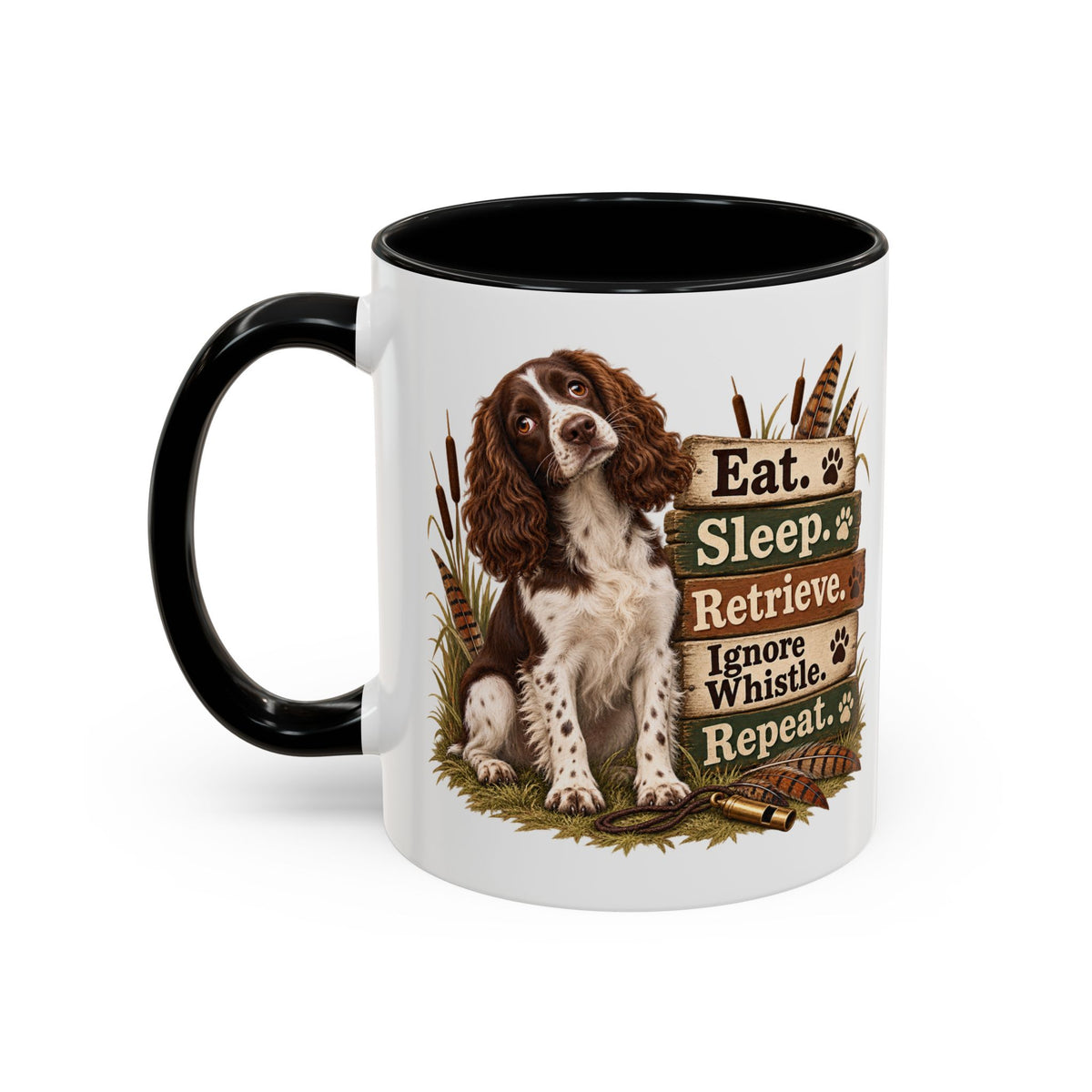 Funny Liver and White Springer Spaniel Mug - Eat Sleep Retrieve Ignore Whistle Repeat, Gundog Gift, Shooting Dog Mug, 11oz