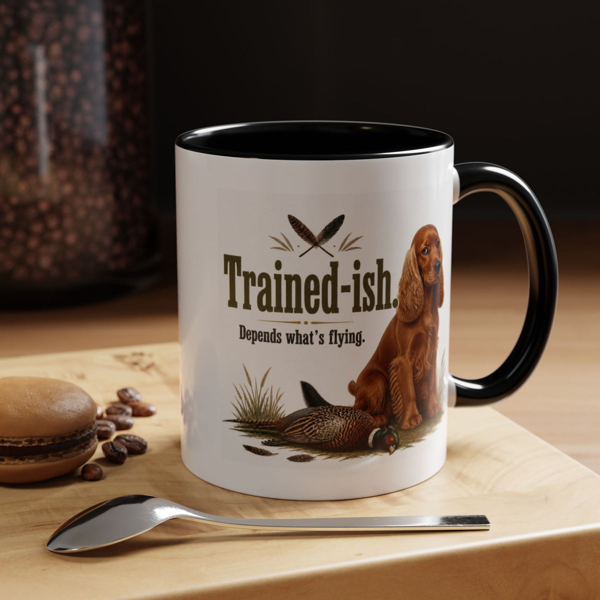Funny Red Cocker Spaniel Mug - Trained-ish Depends What's Flying, Working Gun Dog Gift, Pheasant Shooting Mug, 11oz