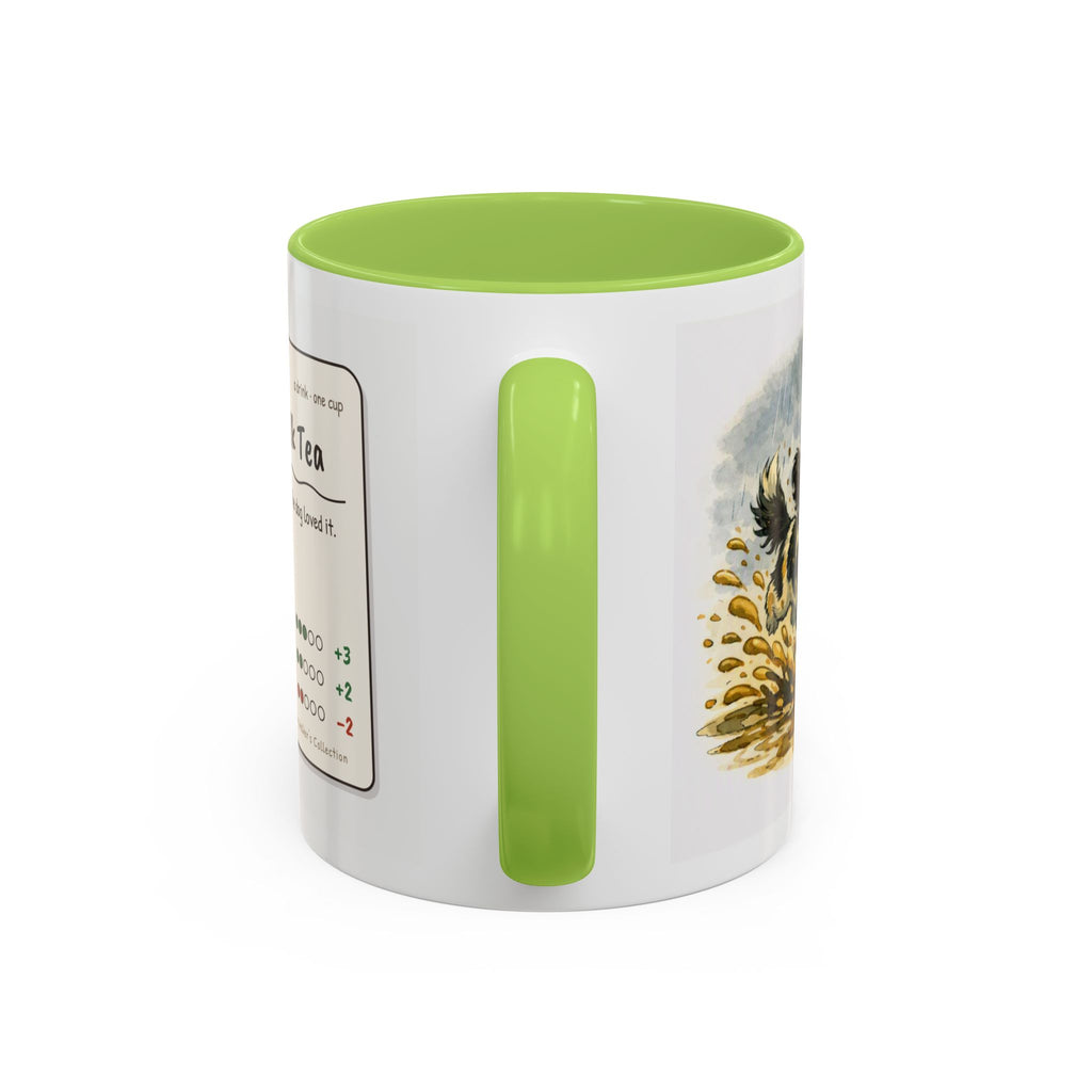 Rainy Walk Tea mug, woman in wellies with black and white dog – view 11