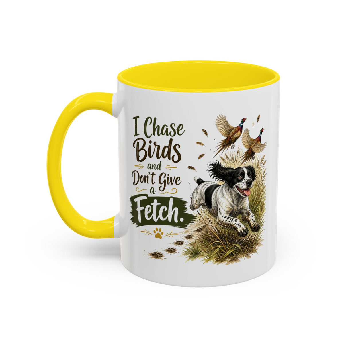 Funny Black and White Springer Spaniel Mug - I Chase Birds and Don't Give a Fetch, Working Gun Dog Gift, Pheasant Shooting Mug, 11oz