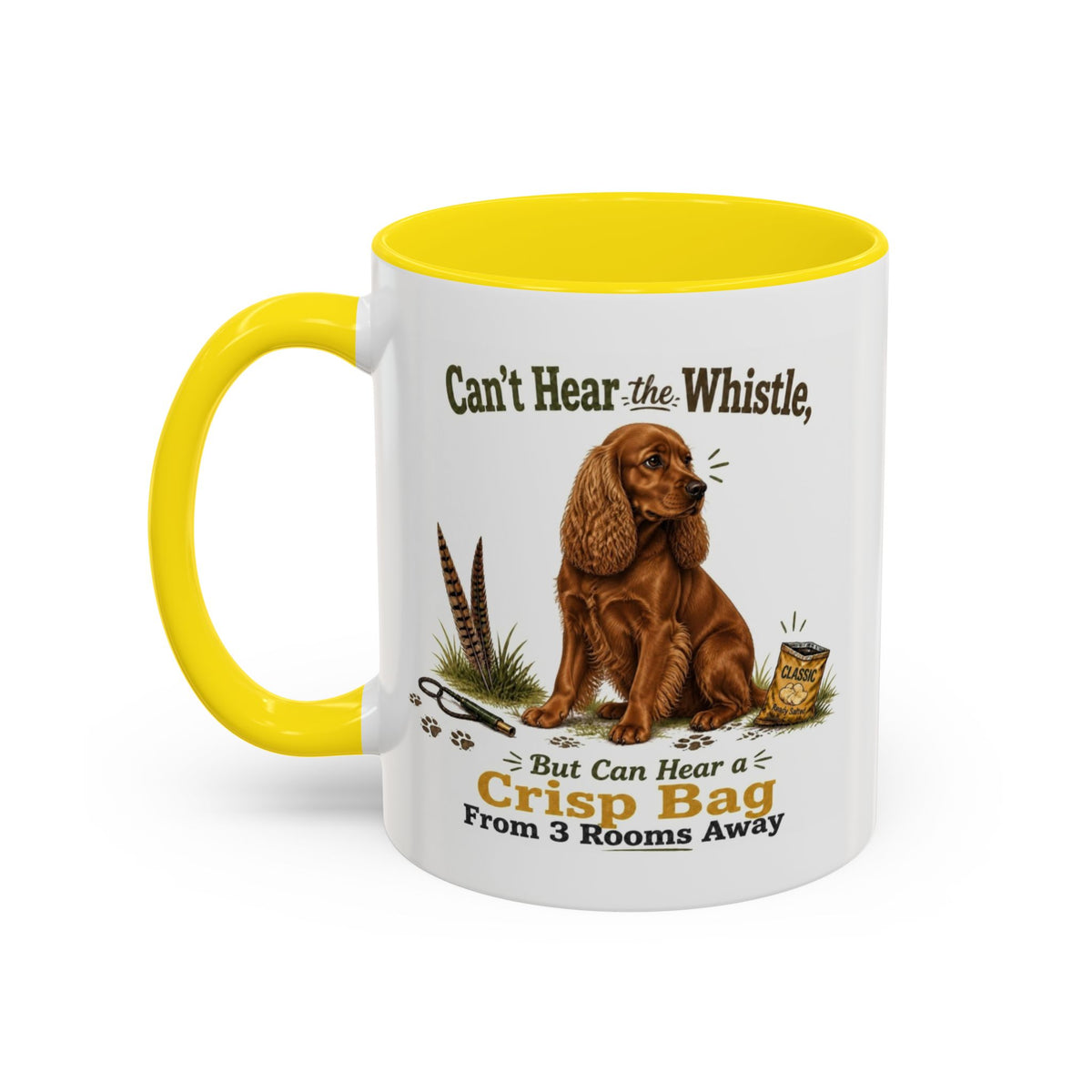 Funny Red Cocker Spaniel Mug - Can't Hear the Whistle But Can Hear a Crisp Bag, Working Gun Dog Gift, Greedy Dog Mug, 11oz