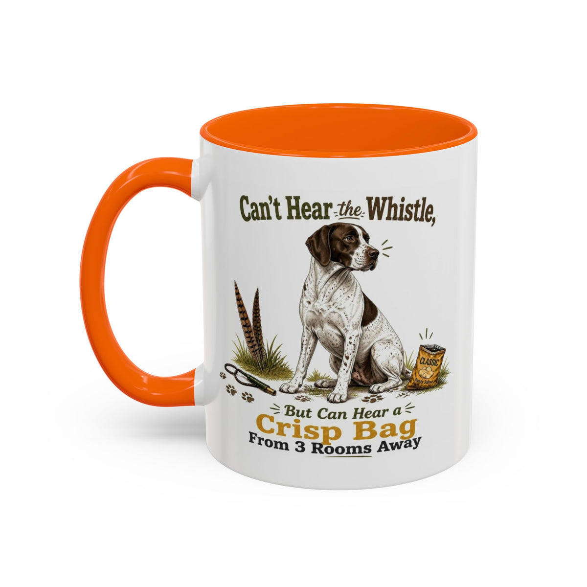 Funny English Pointer Mug - Can't Hear the Whistle But Can Hear a Crisp Bag, Working Gun Dog Gift, Greedy Dog Mug, 11oz