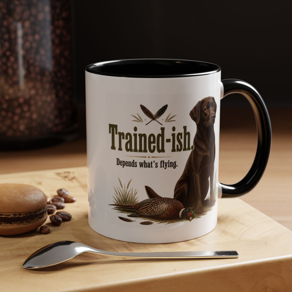 Funny Chocolate Labrador Mug - Trained-ish Depends What's Flying, Working Gun Dog Gift, Pheasant Shooting Mug, 11oz