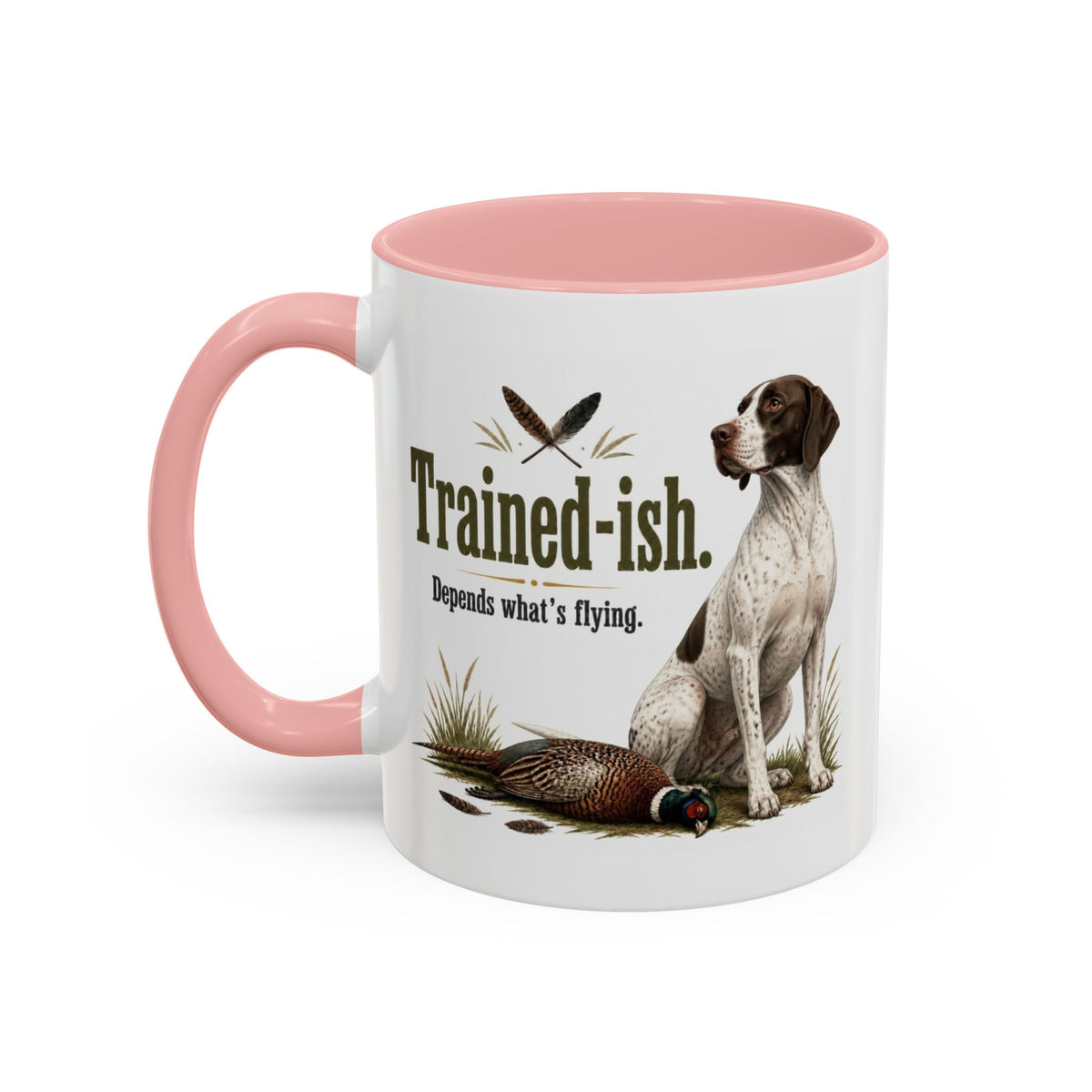 Funny English Pointer Mug - Trained-ish Depends What's Flying, Working Gun Dog Gift, Pheasant Shooting Mug, 11oz