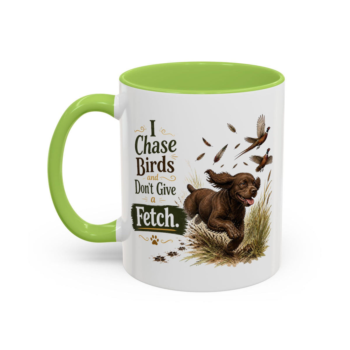 Funny Chocolate Cocker Spaniel Mug - I Chase Birds and Don't Give a Fetch, Working Gun Dog Gift, Pheasant Shooting Mug, 11oz