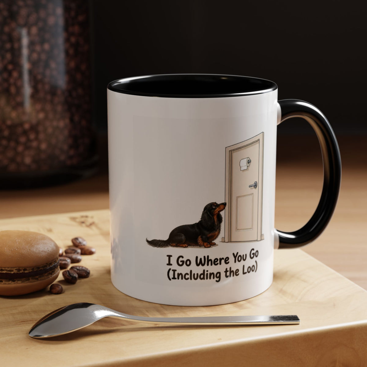 I Go Where You Go Mug - Mini Long Haired Dachshund - Black & Tan