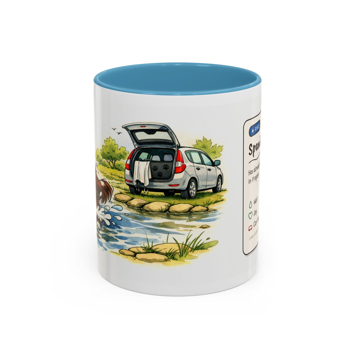 Funny liver and white cocker spaniel mug, wet spaniel and car – view 2