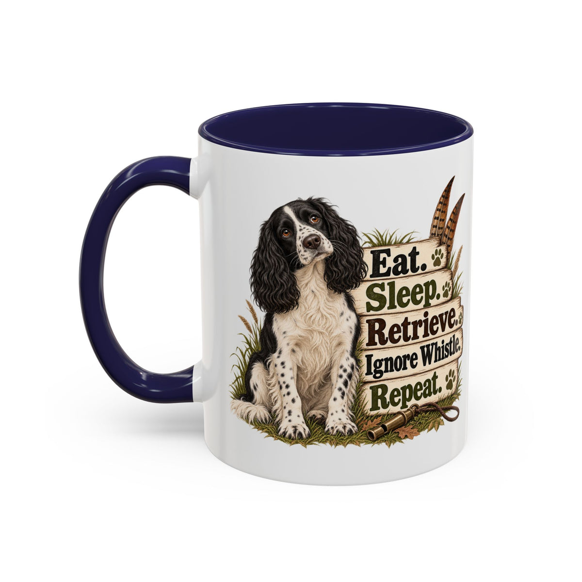 Funny Black and White Springer Spaniel Mug - Eat Sleep Retrieve Ignore Whistle Repeat, Gundog Gift, Shooting Dog Mug, 11oz