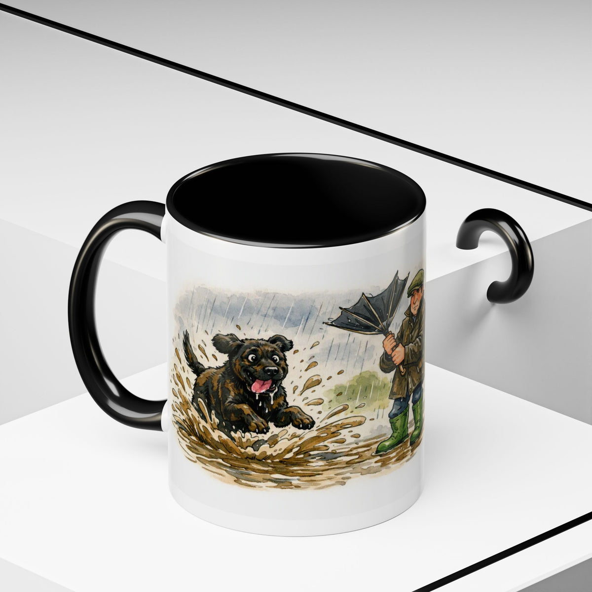 Rainy Walk Tea mug, man with black dog on a muddy rainy walk – view 9