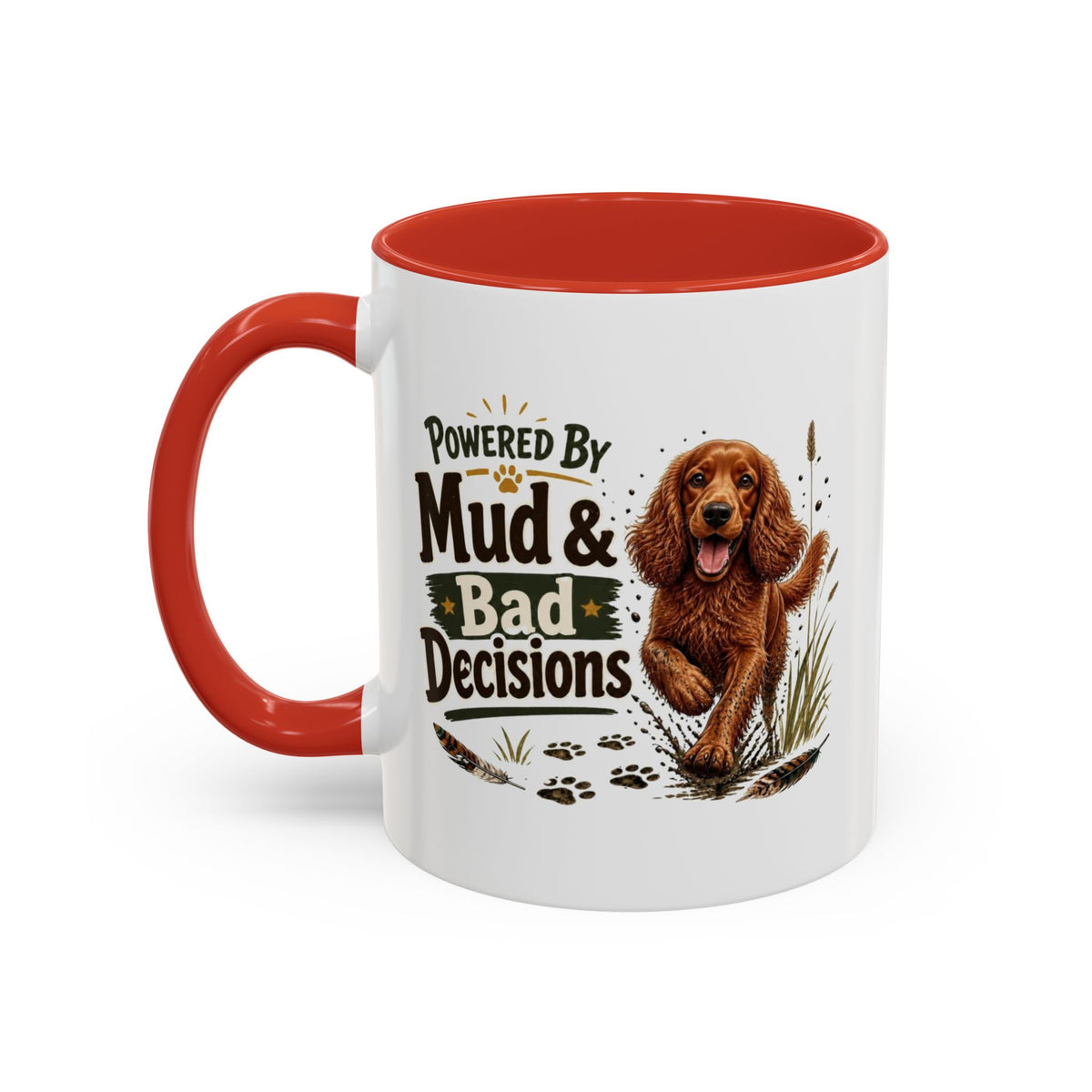 Funny Red Cocker Spaniel Mug - Powered By Mud & Bad Decisions, Muddy Dog Owner Gift, Gundog Lover Coffee Mug, 11oz
