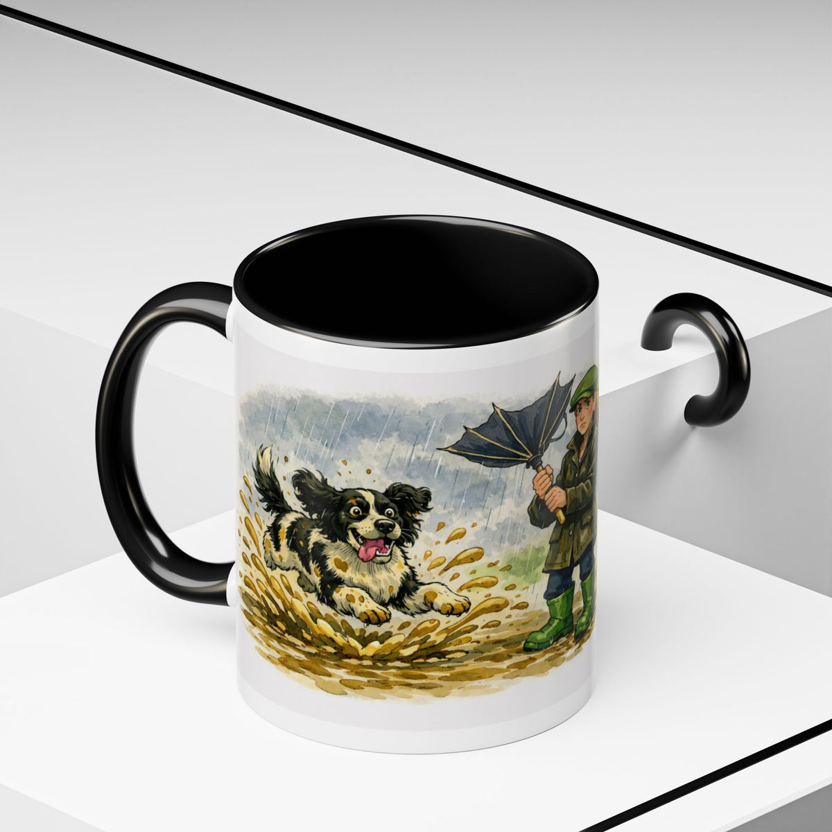 Rainy Walk Tea mug, woman in wellies with black and white dog – view 9