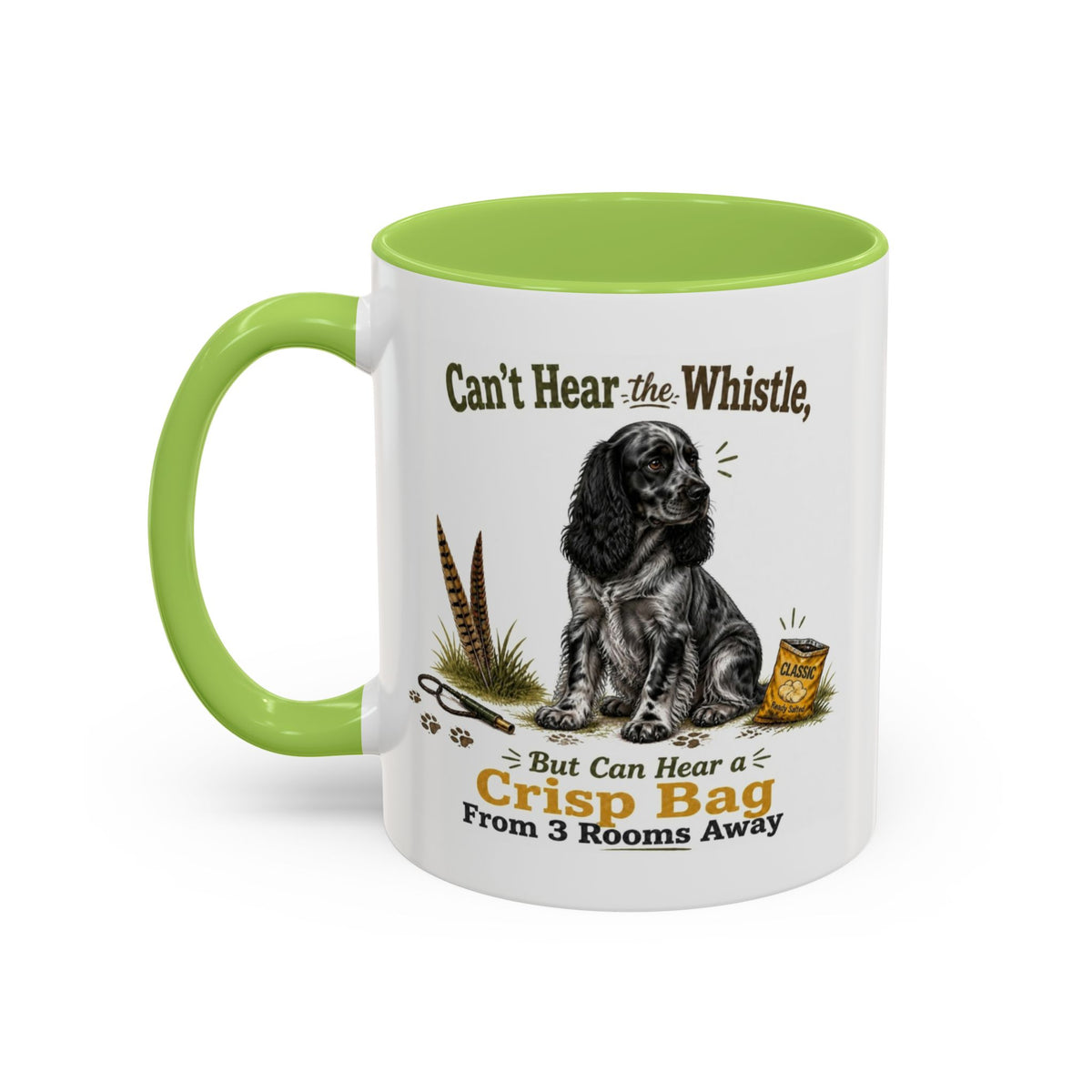 Funny Blue Roan Cocker Spaniel Mug - Can't Hear the Whistle But Can Hear a Crisp Bag, Working Gun Dog Gift, Greedy Dog Mug, 11oz