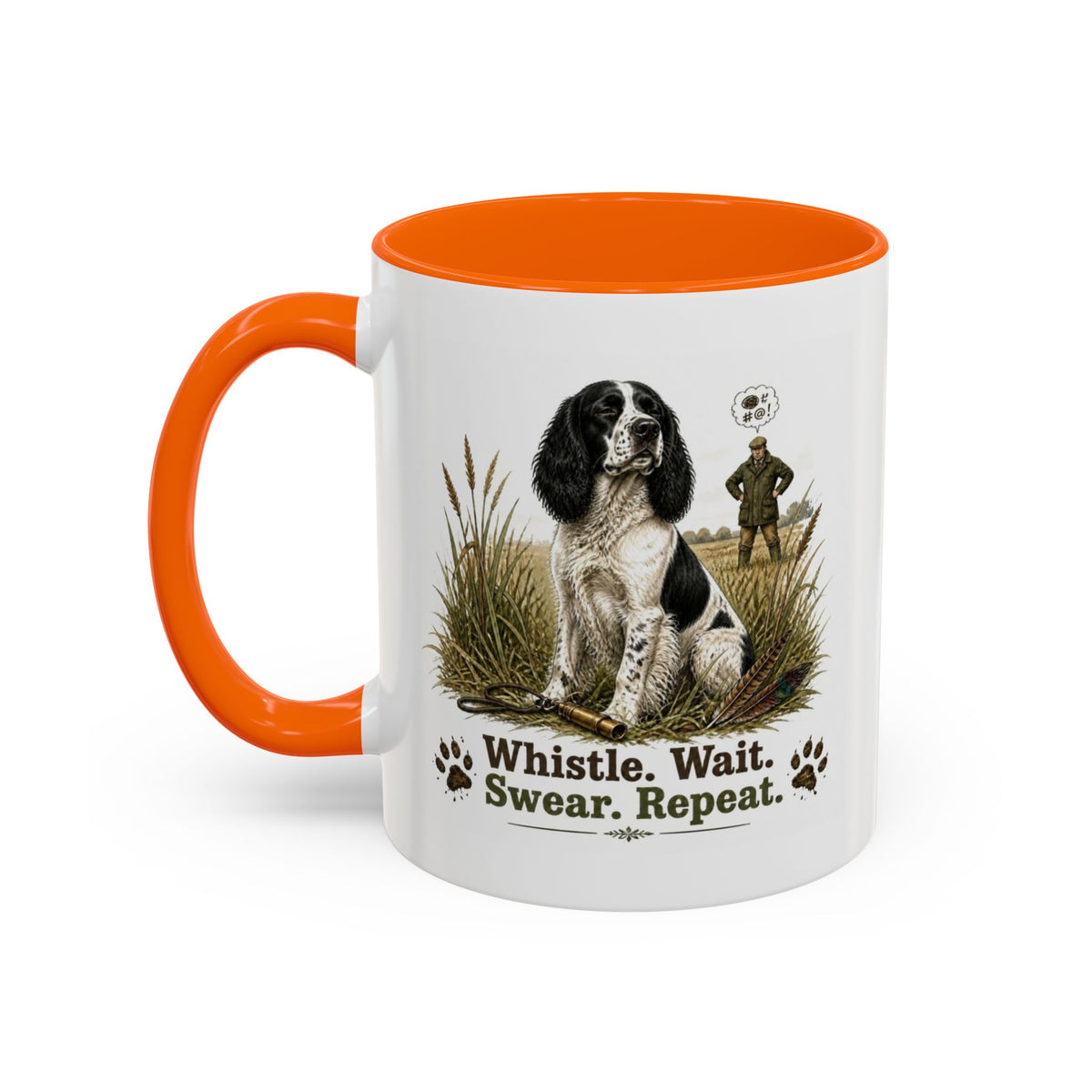 Funny Black and White Springer Spaniel Mug - Whistle. Wait. Swear. Repeat. Working Gun Dog Gift, Dog Training Mug, 11oz