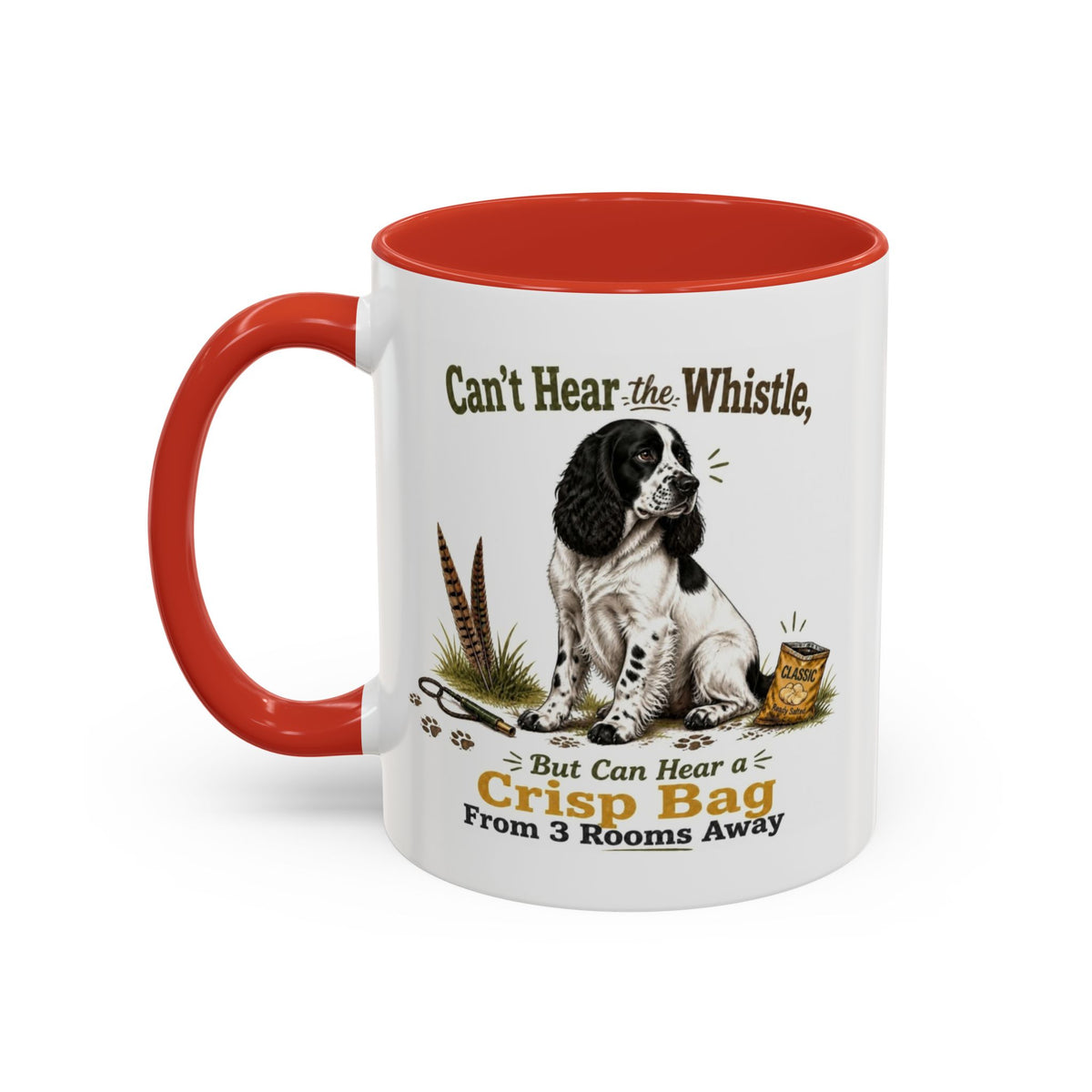 Funny Black and White Springer Spaniel Mug - Can't Hear the Whistle But Can Hear a Crisp Bag, Working Gun Dog Gift, Greedy Dog Mug, 11oz