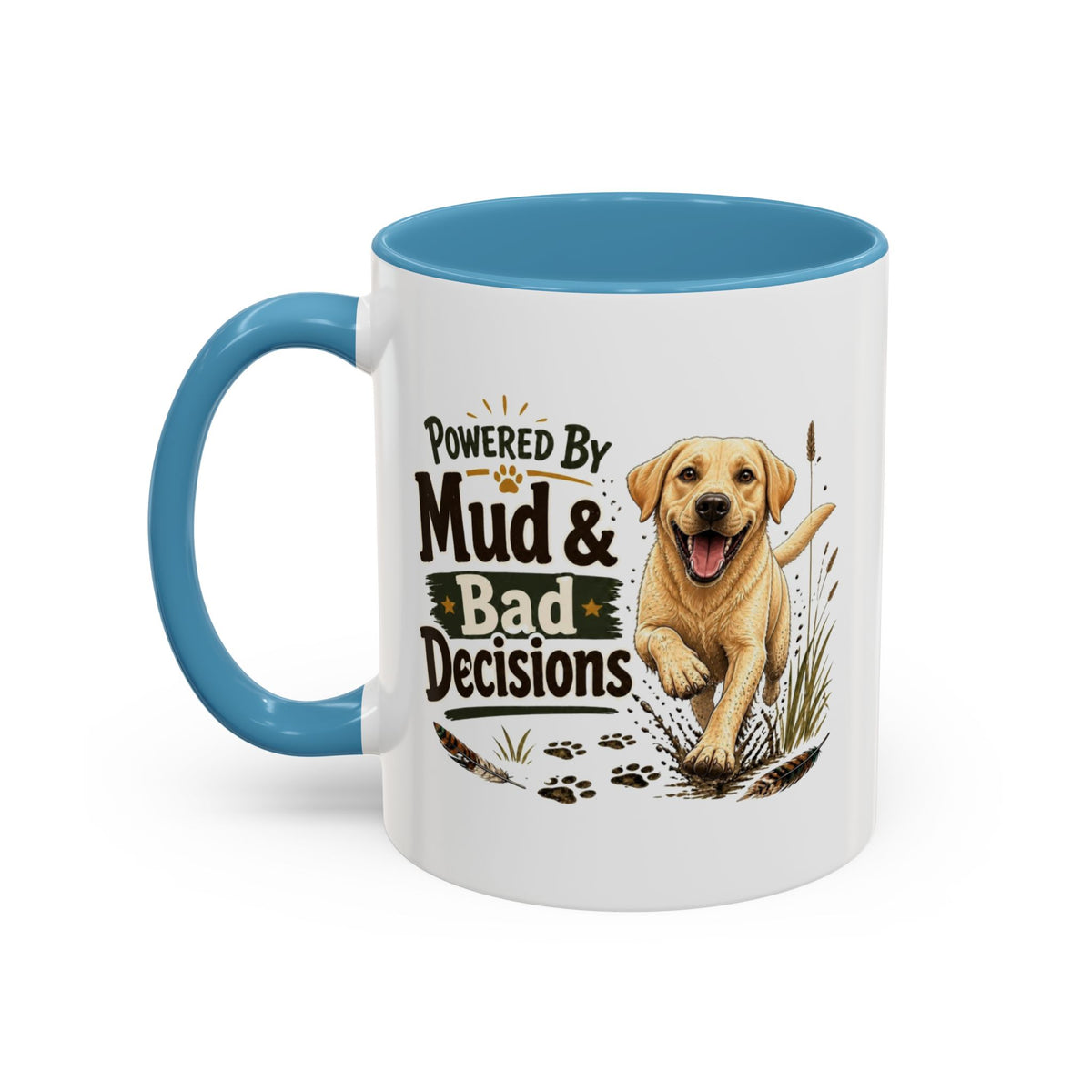 Funny Yellow Labrador Mug - Powered By Mud & Bad Decisions, Muddy Dog Owner Gift, Gundog Lover Coffee Mug, 11oz