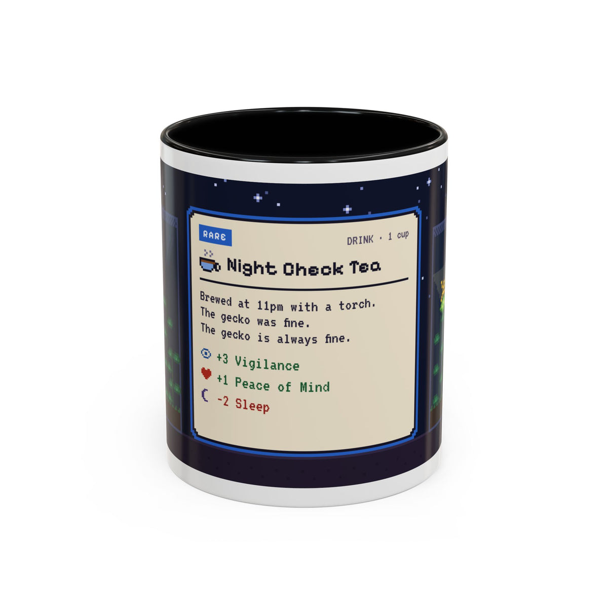 Night Check Tea pixel art mug, 11oz ceramic with coloured handle – view 2